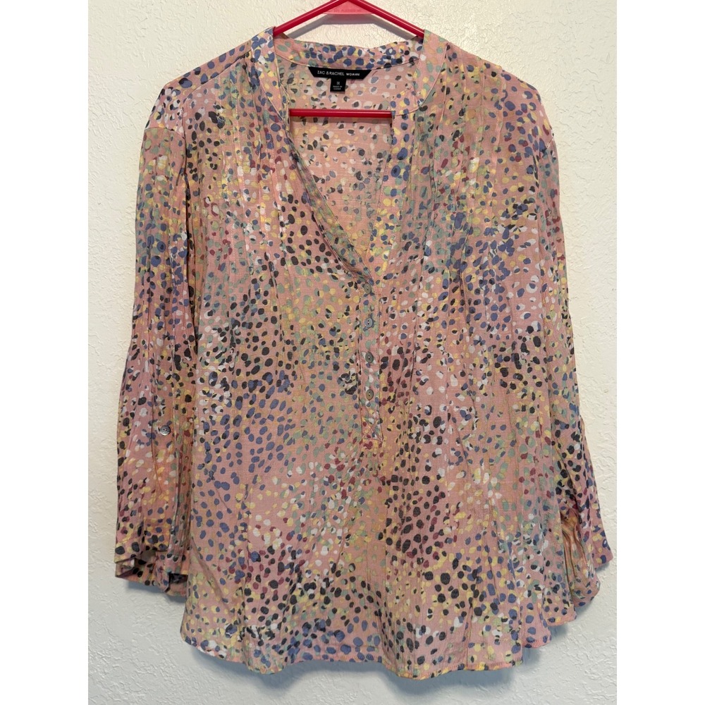 Zac & Rachel Woman Pink Multicolor Dot Roll Tab Sleeve Blouse 1X